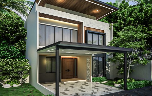 Modern two-story house with a flat roof, large windows, and a carport. Surrounded by lush greenery, it has a sleek, minimalist design.